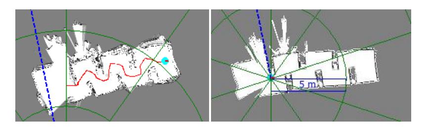 A Slalom course mapped by basic odometry based (left) and a SLAM based (right) algorithm.