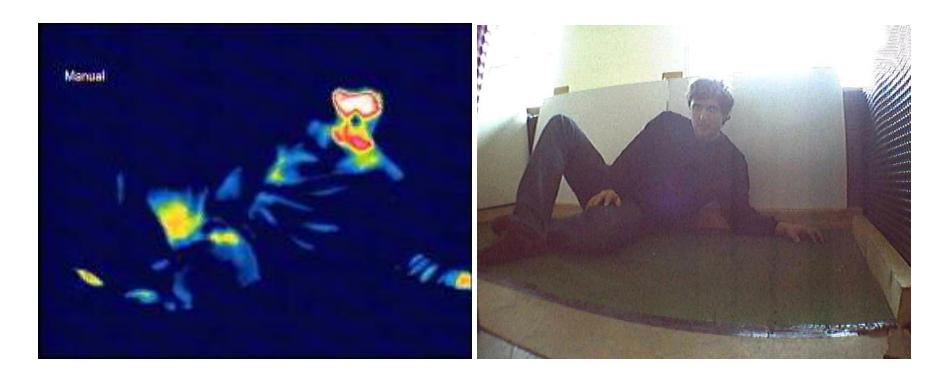A typical image from the thermal camera (left) and a normal camera (right).