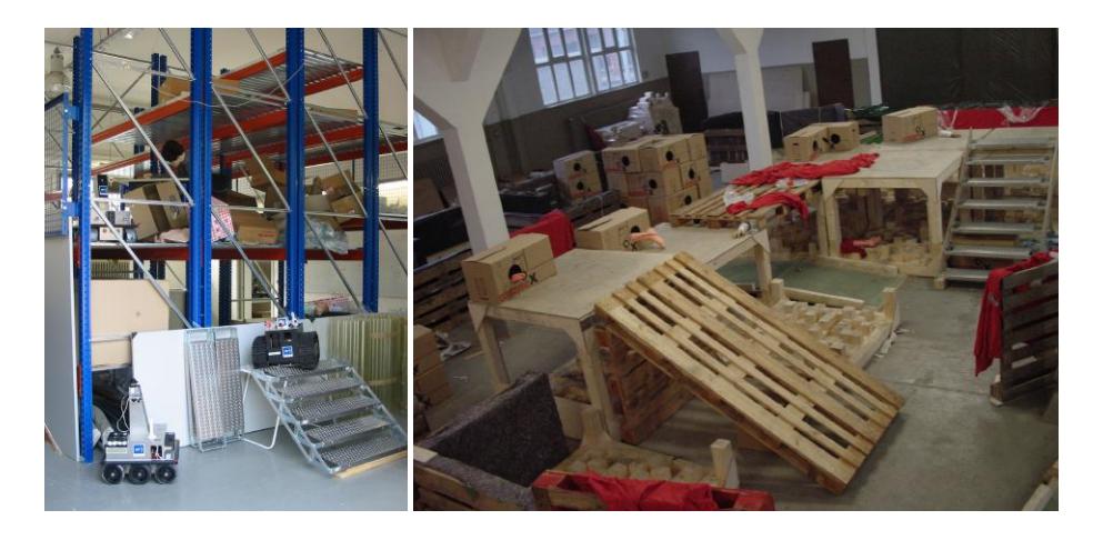 Two rescue arenas available at the Jacobs University: the high bay racking system based arena (left) and the new RoboCup-like arena (right).