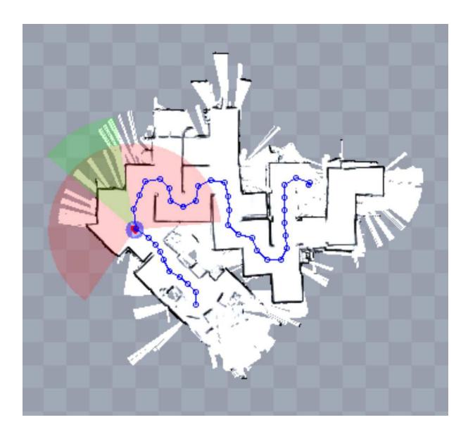 Map of the Yellow Arena. The blue line shows a planned path back to an unexplored room in the upper right corner (generated at the RoboCup German Open 2008 during the Mapping Mission).