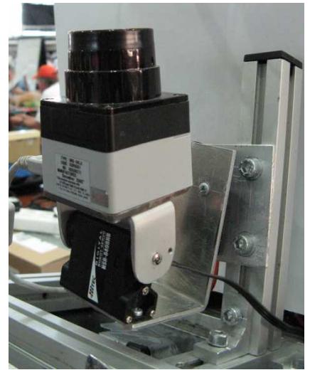 The Hokuyo URG-04LX laser range finder (LRF), mounted on a rotation/tilt-unit.