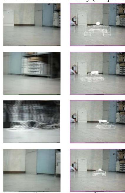 Fig. 1 (a): actual camera images; (b) synthesized images from past camera image data and then the robot position information. Images at each row in (a) and (b) are images at the same time stamps.