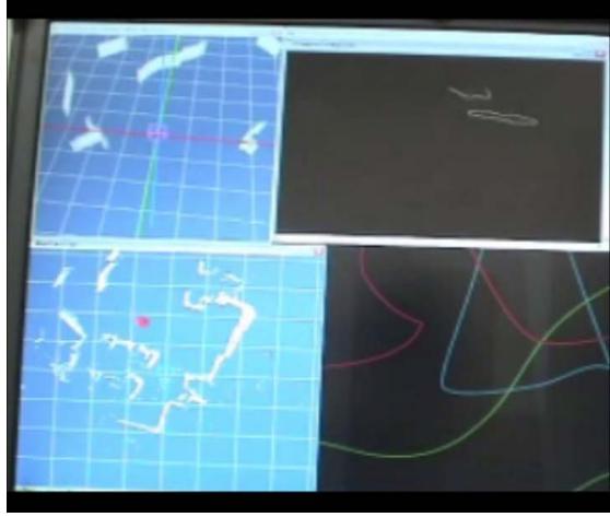 Fig. 7 human-robot interface for KAMUI. Up-left; wall image based on lazar rangefinder. Up-right; the area enclosed with white line is high temperature area by thermal camera. Low-left; generated 2D map of the environment.
