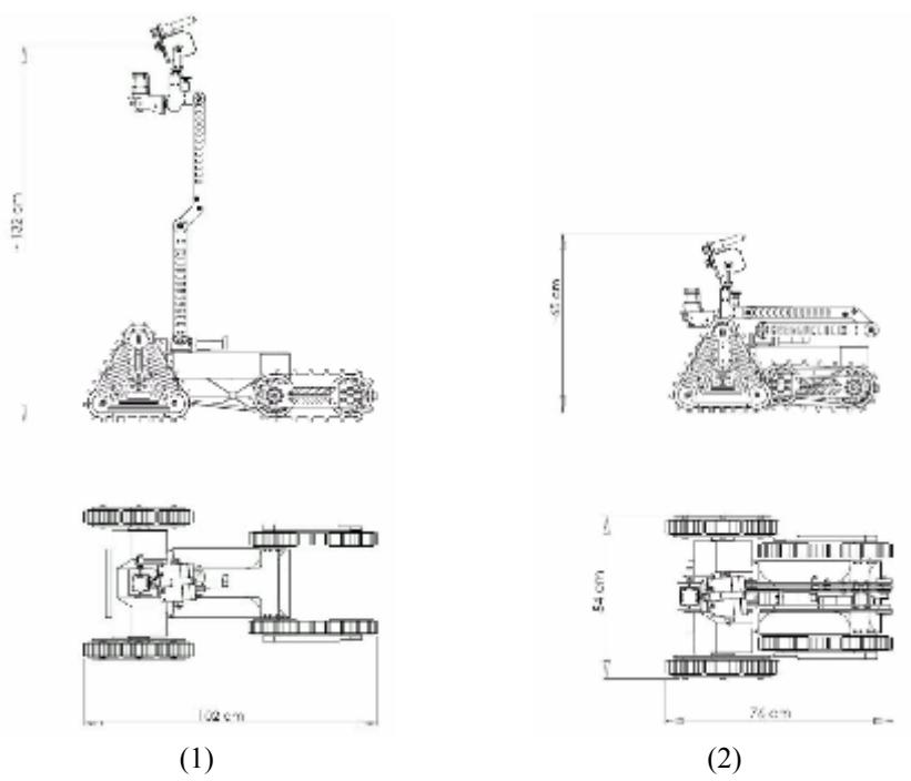 Fig. 8. Overall dimensions of BETA: (1) extended, (2) stowed configurations