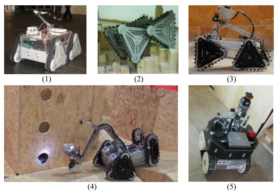 Fig. 1. Our robots: (1) ARIAN-2006, (2) META-2007, (3) ALPHA-2008, (4) BETA-2009 and (5) DELTA-2009