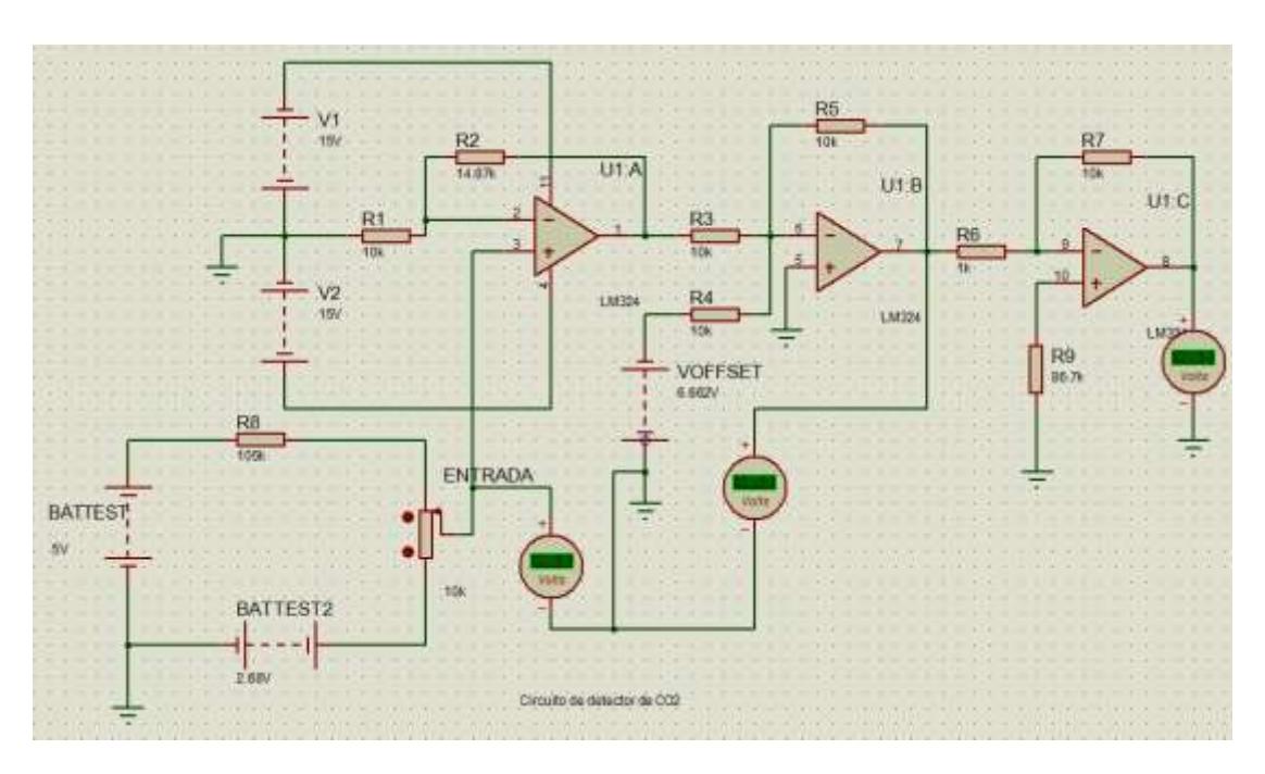 Fig. 7.3: DAQ IR sensor, this is a more complicated structure because only cover a little par of total range of temperature sensor, only 30 to 40$^o$C, and we need to build a V/V converter based in non inverted, adding and inverted amplifiers. An special reference voltage with Zener diode was necessary but no depicted here.