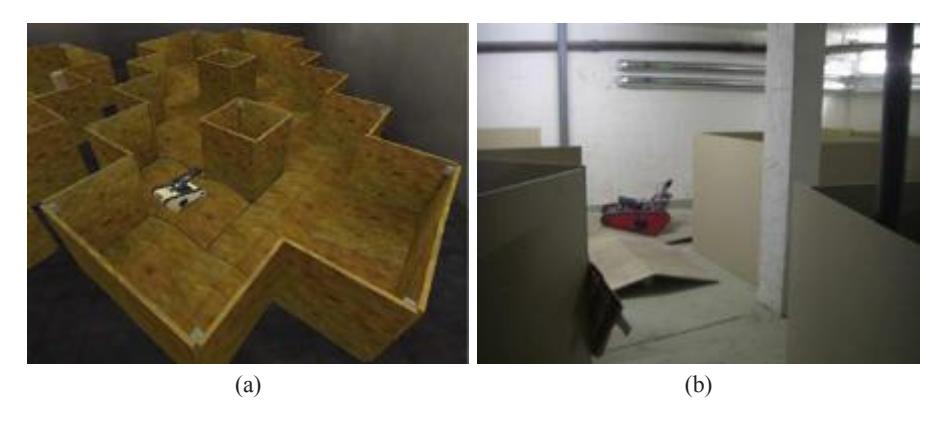 (a) shows the simulated Matilda in USARSim, based on the Unreal2004 game engine. (b) shows a part of our real-world test arena.