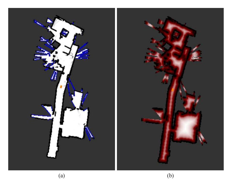 These screenshots show the 2d grid map generated autonomously by the robot. (a) Occupancy map. Obstacles are colored black, traversable cells are colored white. Frontiers are colored blue. (b) Same map showning the discomfort values of cells in red. The darker the color, the bigger the discomfort cost for traversing that cell.