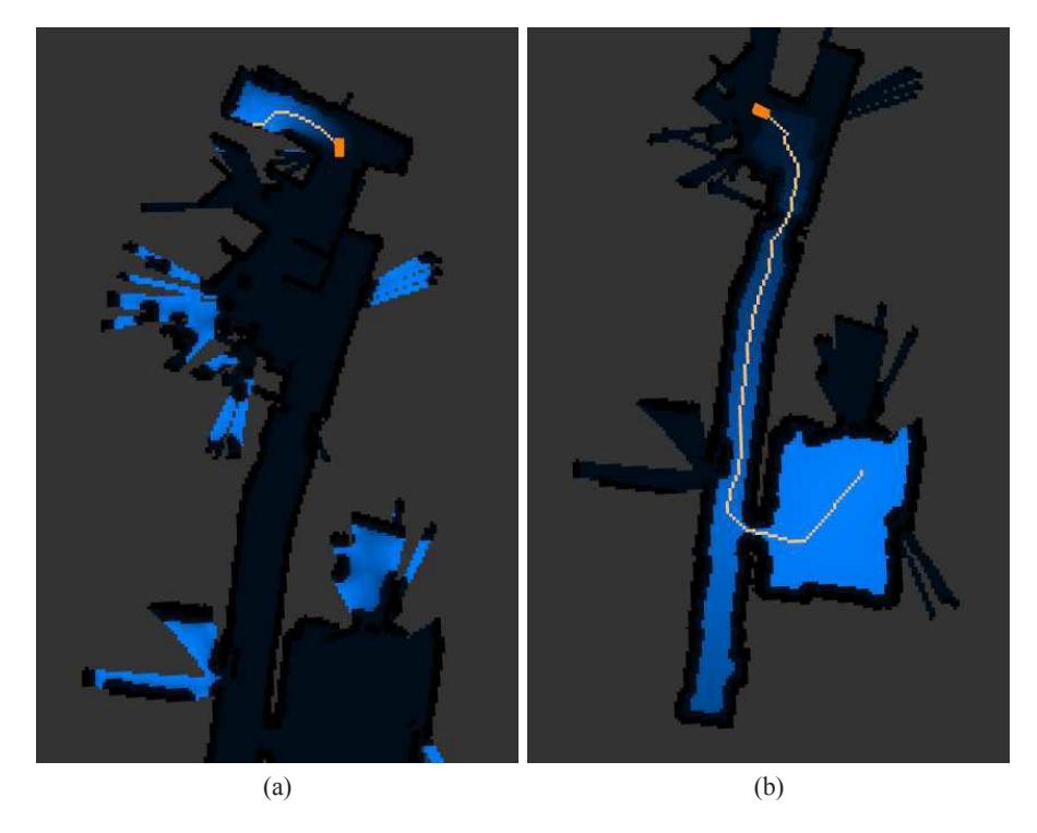 These screenshots of the 2d grid map show examples of the gradient computed during planning. (a) Planning to a nearby frontier. (b) Planning to an arbitrary chosen location.