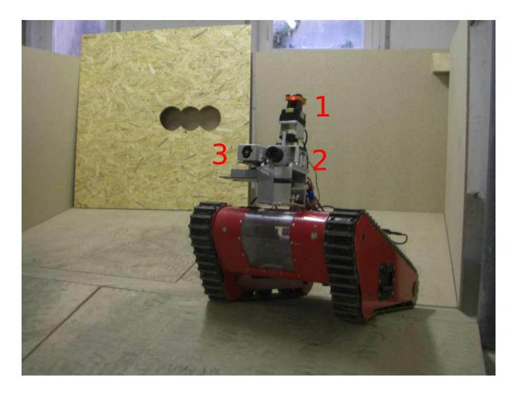 This figure shows the current sensor setup on our Matilda robot. The Hokuyo UTM-30 on a tilt unit (1), a vision camera (2) and a thermal camera (3) can be seen.
