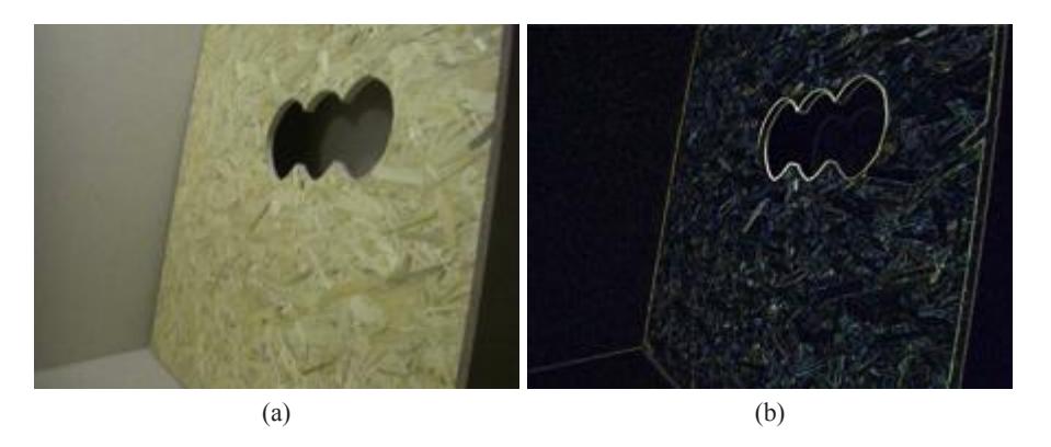 Camera picture of three adjacent circles that are a possible location for victims. (a) Original camera image as input. (b) Same image after edge detection using the Sobel edge detection.