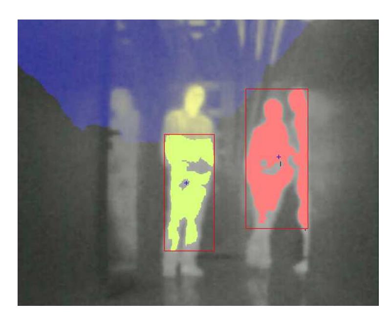 Thermal camera picture of a corridor with three persons. The blue zone is discarded thanks to the information of the range laser.