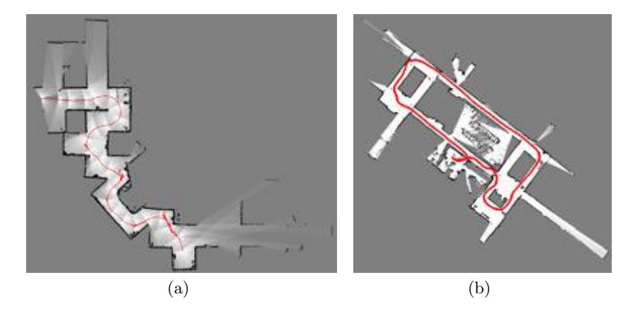 Maps learned with the current SLAM system: (a): Processed logfile of our Autonomy Challenge 2009 mapping run. The robot got stuck, so a complete map cannot be shown here. (b): Larger scale mapping of a university floor with loop closing.