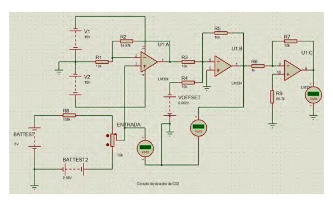 Fig. 7.3: DAQ IR sensor, this is a more complicated structure because only cover a little par of total range of temperature sensor, only 30 to 40°C, and we need to build a V/V converter based in non inverted, adding and inverted amplifiers. An special reference voltage with Zener diode was necessary but no depicted here.