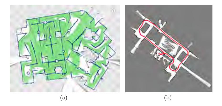 Maps learned with the Hector SLAM system: (a): GeoTIFF map of the RoboCup 2010 Rescue Arena. The robot was carried through the arena by hand for this dataset, thus no odometry was available. (b): Larger scale mapping of a university floor with loop closing.