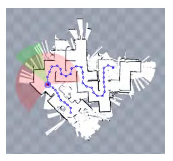 Fig. 2: Map of the Yellow Arena. The blue line shows a planned path back to an unexplored room in the upper right corner (generated at the RoboCup German Open 2008 during the Mapping Mission).