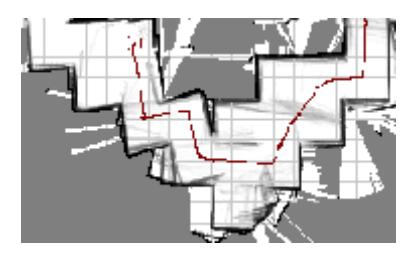 (a) The Hokuyo UTM-30LX laser range finder (LRF), mounted on a self-built rotation/tilt-unit. (b) Map generated from data of a rigidly coupled LRF. (c) Map generated from data of an adjusted LRF. Fig. 7: The gimbal-mounted Hokuyo UTM-30LX laser range finder (a) and the effect on the mapping: Map without (b) and with (c) adjustment. The map based on the data acquired by the adjusted LRF has more aligned walls and less artefacts.