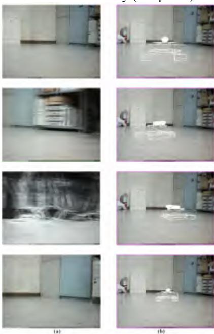 (a): actual camera images; (b) synthesized images from past camera image data and then the robot position information. Images at each row in (a) and (b) are images at the same time stamps.