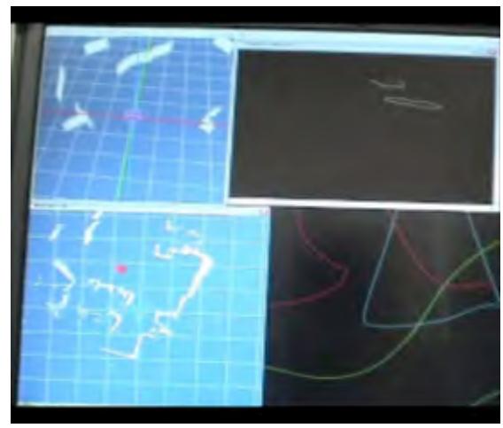 human-robot interface for HIEI. Up-left; wall image based on lazar rangefinder. Up-right; the area enclosed with white line is high temperature area by thermal camera. Low-left; generated 2D map of the environment.
