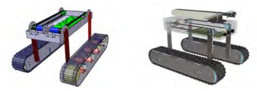 Fig. 4 The internals of the mechanism of the main body and the tracks and a photorealistic view of the robot.