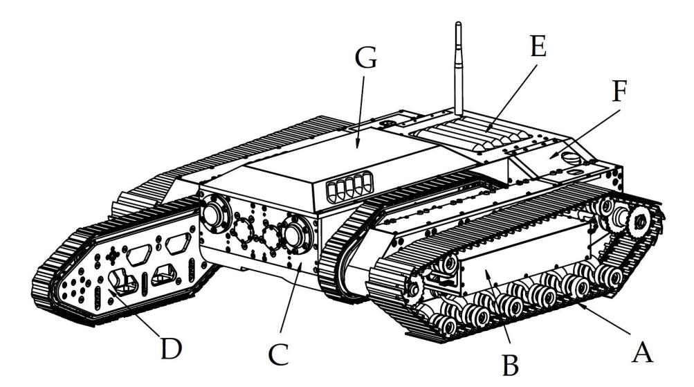 Fig. 12. Mechanical design of the CUAS- RoboCupRescue Robot; (A) main drive, (B) battery cover, (C) flipper gear box, (D) flipper arm, (E) computer cover, (F) control panel, (G) cover