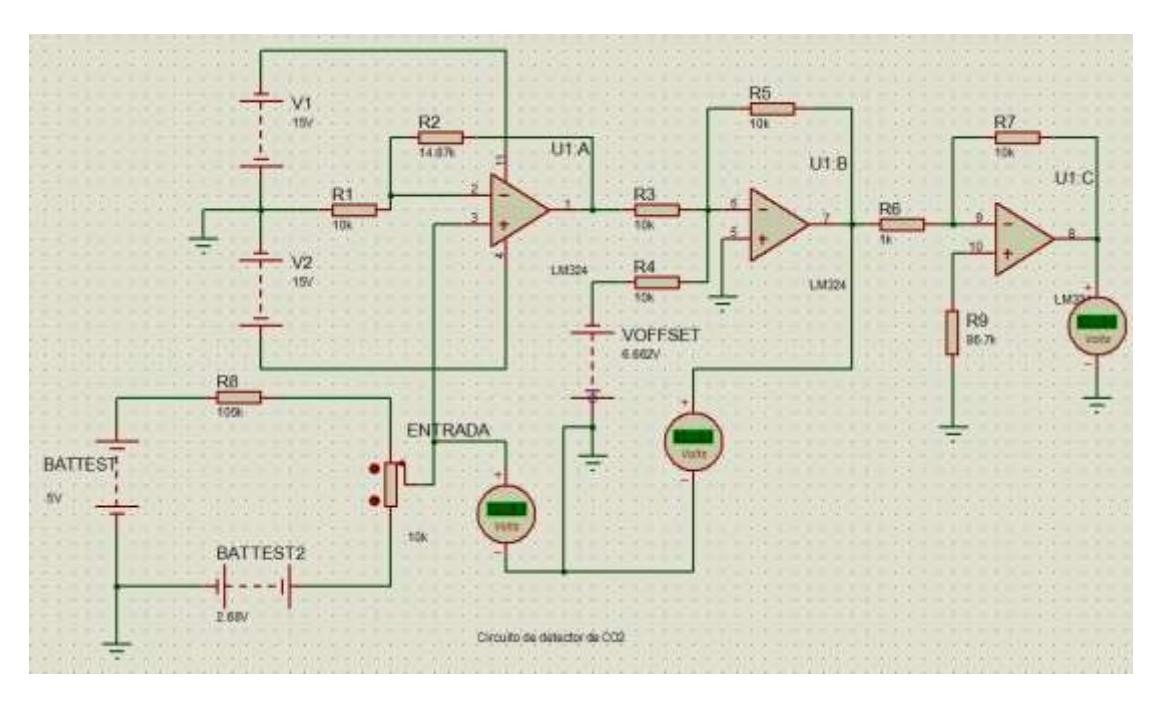Fig. 7.3: DAQ IR sensor, this is a more complicated structure because only cover a little par of total range of temperature sensor, only 30 to 40°C, and we need to build a V/V converter based in non inverted, adding and inverted amplifiers. An special reference voltage with Zener diode was necessary but no depicted here.
