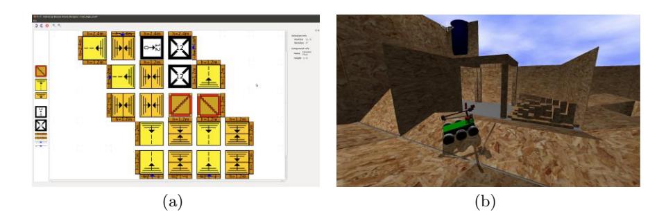 USAR scenario simulation: (a): Screenshot of the GUI tool for creating USAR scenarios showing an example scenario (b): The same scenario as simulated in gazebo simulation