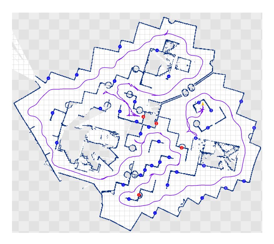 Map learned using the hector slam system at the final mission of RoboCup 2012. The robot started at the right middle position and autonomously explored the majority of the arena, finding 3 victims (red markers). The fouth victim was found using tele-operation on the last 4 meters of the path. Blue markers indicate the positions of 35 QR codes that were detected autonomously.