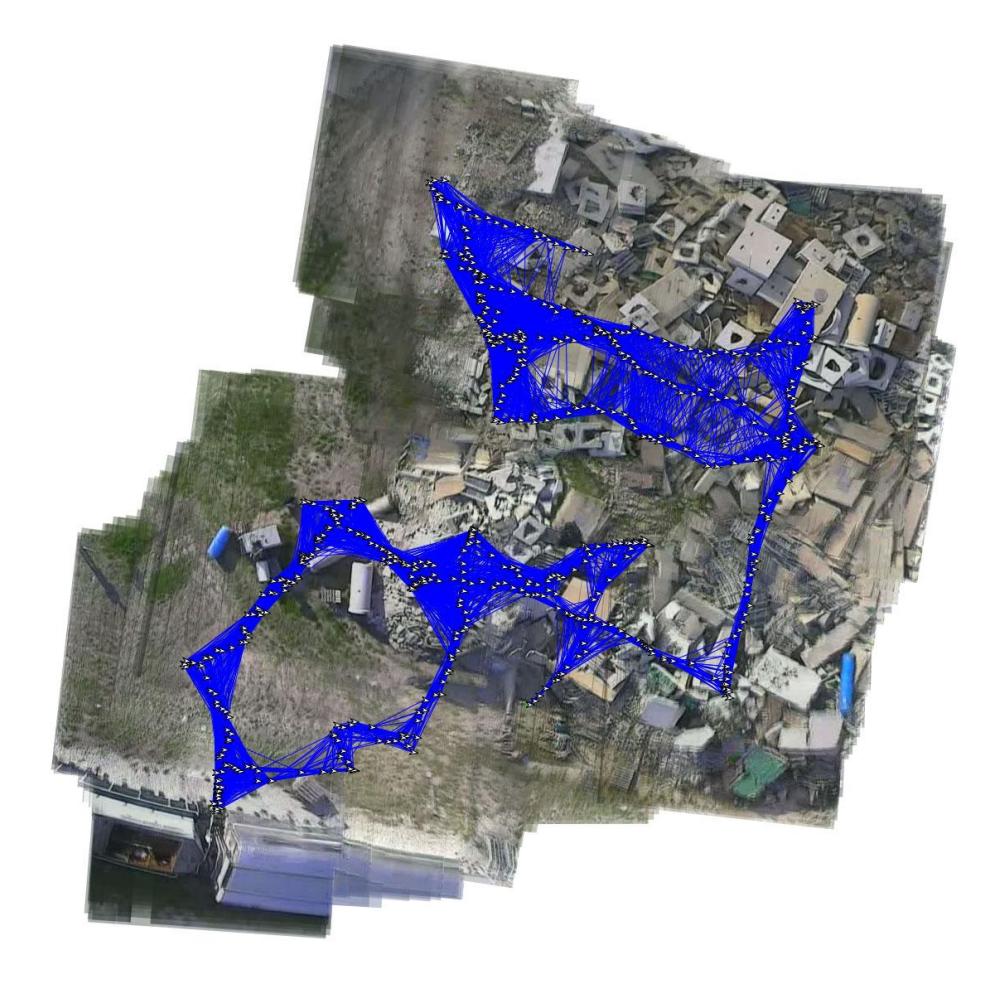 Fig. 5. An aerial map of a rubble pile at Disaster City made out of 630 video frames. Loop closing edges from a SLAM algorithm are shown (from [9]).