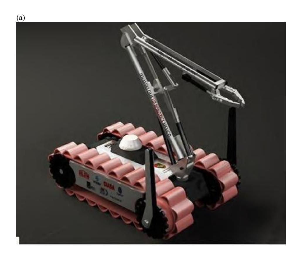 Fig. 4 Tracked wheel rescue robot IXNAMIKI ÖME: (a) design and (b) prototype.