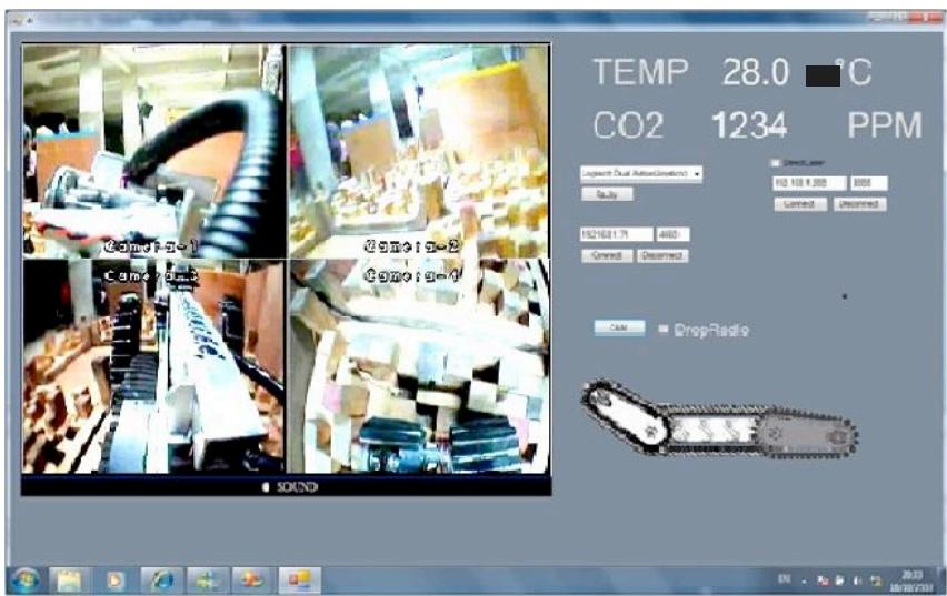 Figure 3: Operator console illustrated the real time quad videos and the information of robot's sensors.