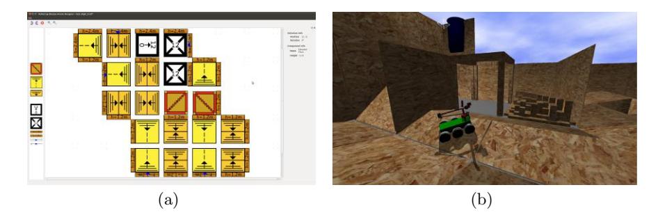 USAR scenario simulation: (a): Screenshot of the GUI tool for creating USAR scenarios showing an example scenario (b): The same scenario as simulated in gazebo simulation