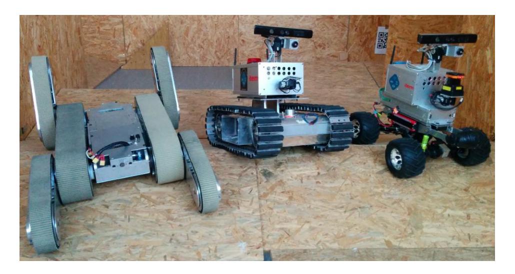 Umanned Ground Vehicles used by Team Hector: Highly mobile tracked platform with Flippers, tracked platform with adapted autonomy box, Hector UGV used in previous competitions.