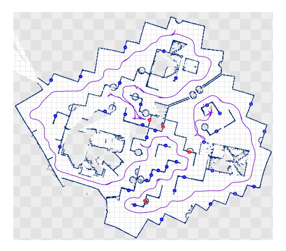 Map learned using the hector slam system at the final mission of RoboCup 2012. The robot started at the right middle position and autonomously explored the majority of the arena, finding 3 victims (red markers). The fourth victim was found using tele-operation on the last 4 meters of the travelled path. Blue markers indicate the positions of 35 QR codes that were detected autonomously by the robot.