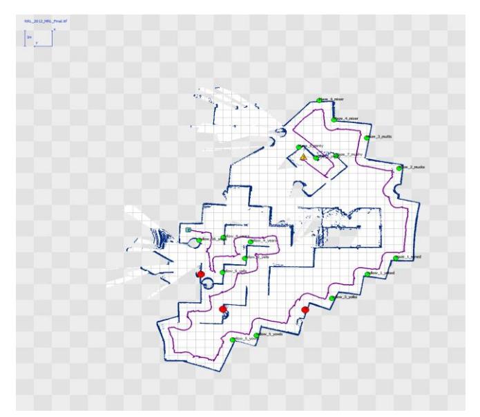 Illustrates the generated map by MRL autonomous robot at the final mission of RoboCup 2012. The robot exploration started from middle of the arena and autonomously explored the arena and it was capable of finding 3 victims (red markers), and 17 QR codes (green markers).