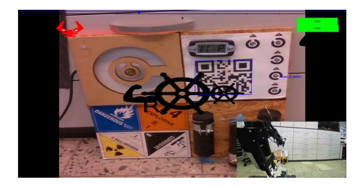Fig. 7. Head Up Display in Manipulator Mode. Image shows, the GUI is currently in manipulator mode so the picture in picture displays the driver cam, the main camera feed shows the manipulator camera. Two bars represent the current voltage of the batteries, the gripper icon shows, that the manipulator is switched to camera coordinate system.