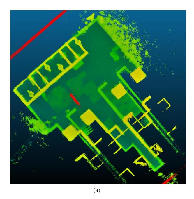 Fig. 3: 3D SLAM: (a) Top-down view of 3D map generated during the Best in Class Autonomy Final missions at RoboCup German Open 2018 (b) Perspective view of the same map. Note geometry higher than 3m has been cut from the visualization as otherwise the ceiling geometry of the venue would obstruct the view.