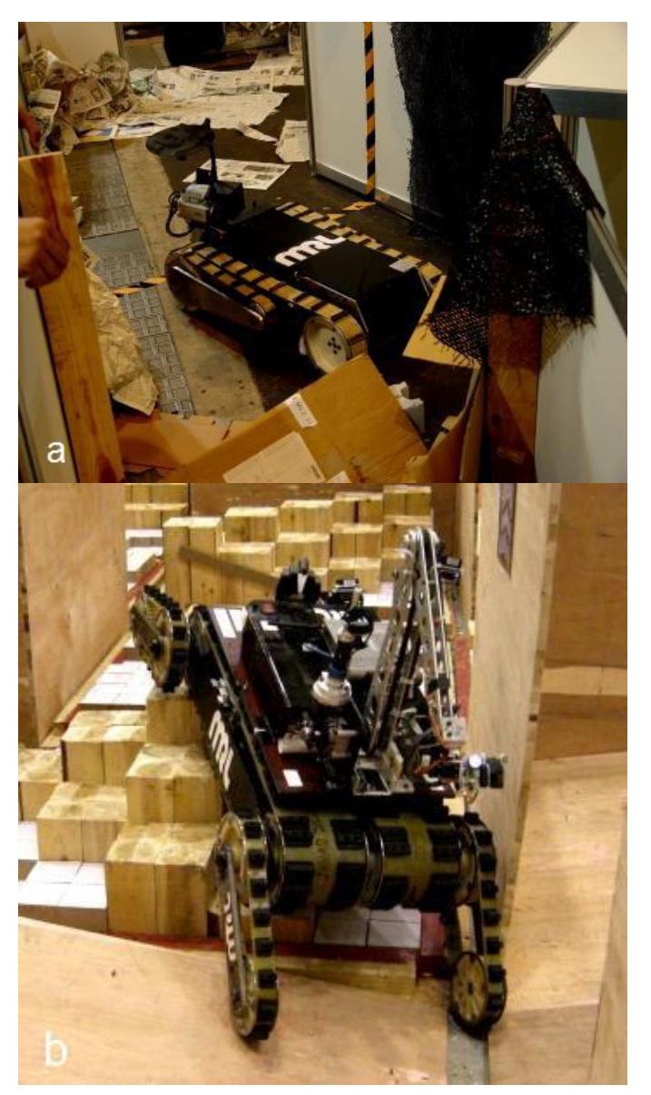 a: Naji I in Robocup Rescue 2005, Japan. b: and Naji IV in Robocup Rescue 2008, China.