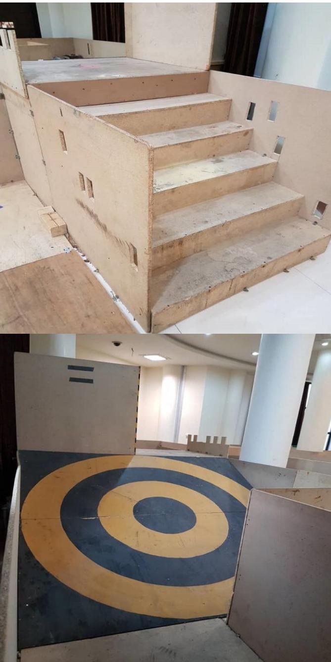 Stairs and inclined planes are provided in the test arena inside the laboratory.