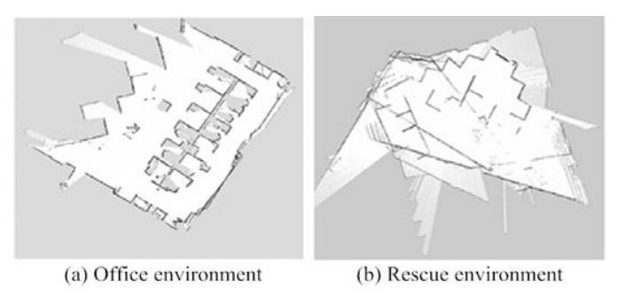 Fig. 3. The SLAM results of HectorSLAM in the office environment with even terrains and the rescue environment with uneven terrains.