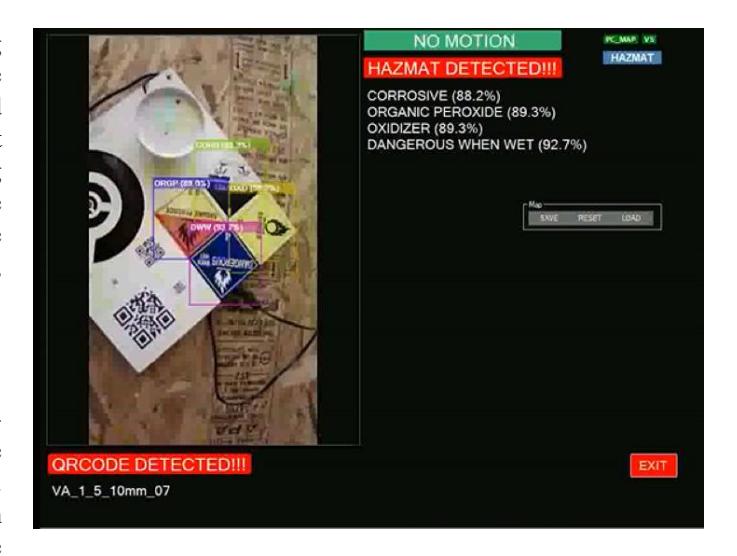Fig. 9. The operators display illustrated motion detection, QR code detection, and hazmat detection.