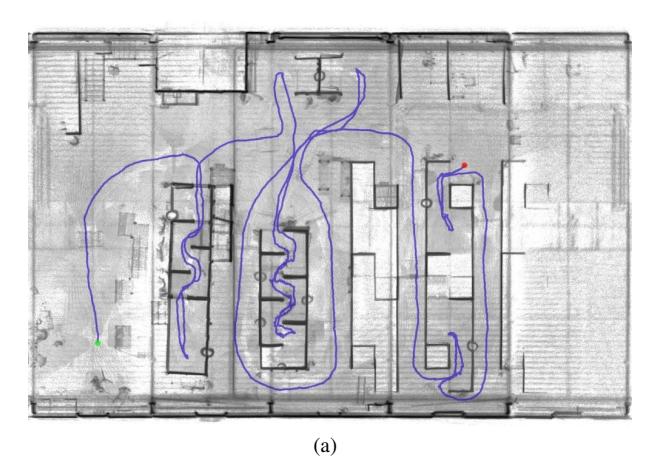 Fig. 2: 3D SLAM: (a) Top-down projection of the 3D map generated during the mapping task at RoboCup Worldwide 2021 (b) Perspective view of the same map. Note ceiling geometry has been cut from the visualization as otherwise it would obstruct the view.