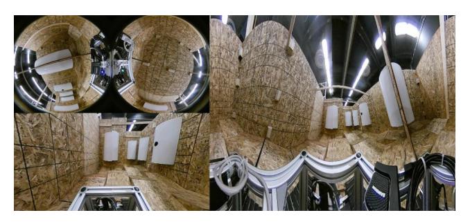Fig. 4: Two fish-eye images are streamed from the omnidirectional camera (top-left), which are converted to perspective (bottom-left) and Mercator projection (right).
