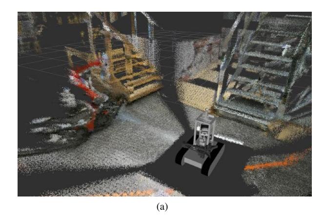 Fig. 3: (a) 3D point cloud captured by the VLP-16 Lidar with fused color information from the 360 camera (b) Same scene as captured from an external camera for reference.