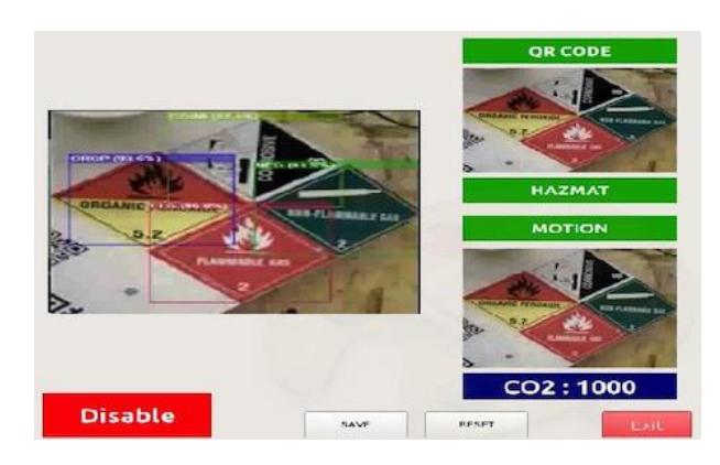 Fig. 8. The operator's display illustrated motion detection, QR code detection, and hazmat detection.