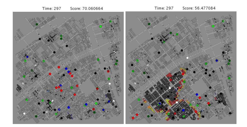 MinERS fire agents (left) and sample agents (right) on Kobe Large, with 12 fire brigade agents and blockages enabled