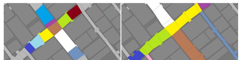 Figure 3. Left: ComplexRoads in a part of new kobe map Right: LogicalRoads in a part of new Kobe map (Alternating colors show different ComplexRoads and LogicalRoads)