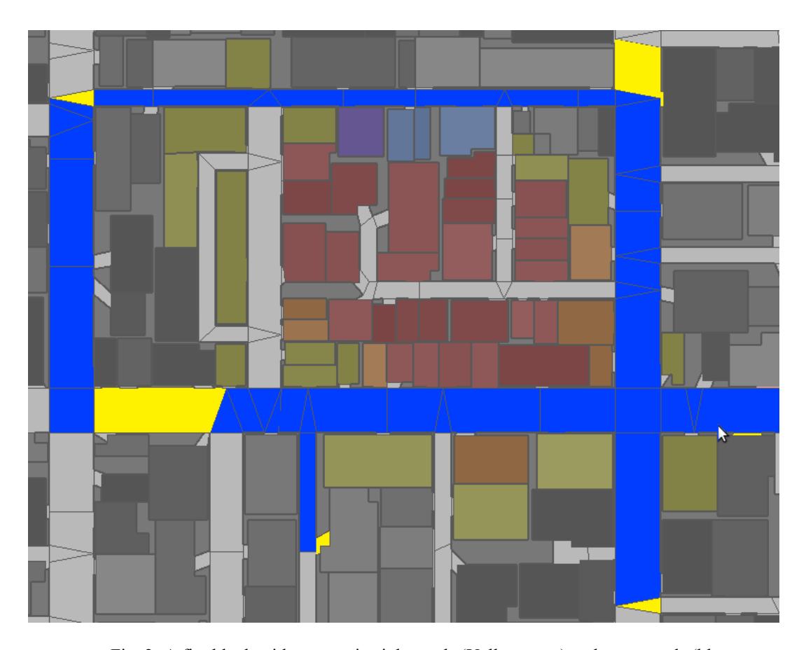 Fig. 2: A fire block with convex in sight roads (Yellow ones) and outer roads (blue ones) in VC