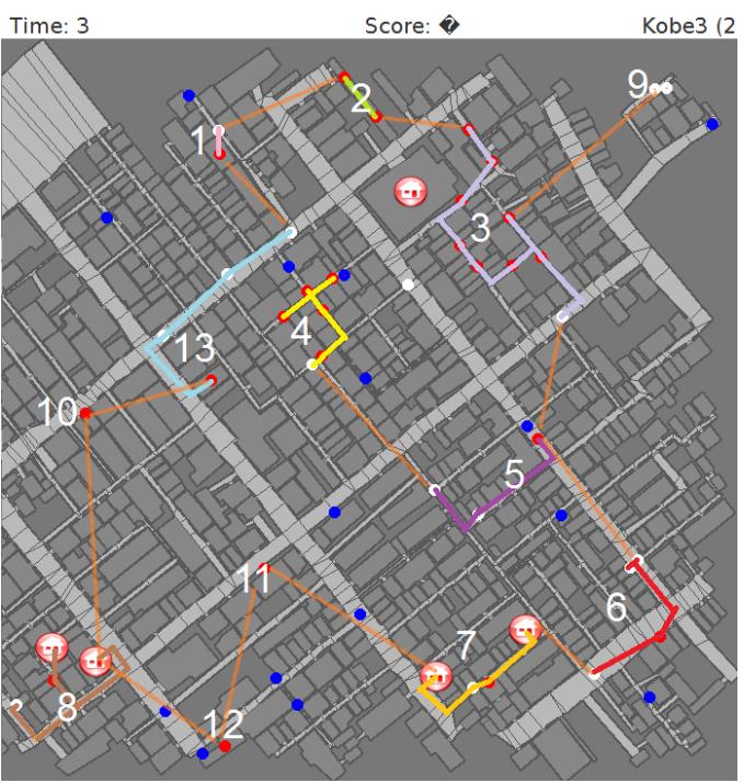 Fig. 1. The color lines are clusters and the orange lines are matching them making a MST. At the end of this state all agents will be reachable to other agents, refuges and almost all the map.