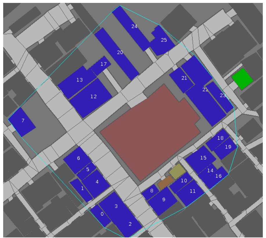 Fig. 4. The Fire Cluster shown with a Convex Hull and the purple Buildings are some buildings in around of Fire Cluster that can transmit fire to unburned buildings